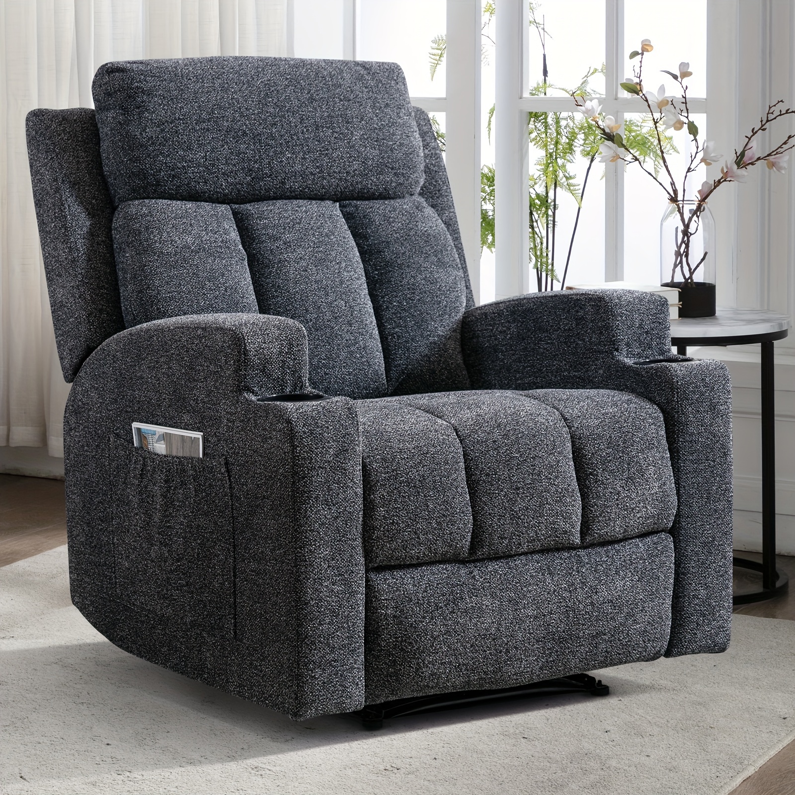 Modern Manual Massage Recliner with Heating Function - Ultra-Breathable Fabric Single Seat Sofa Lounge Chair with Side Pocket and Cup Holder