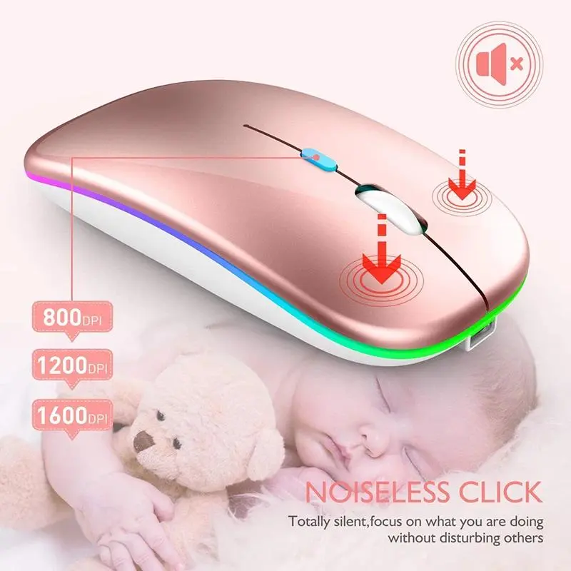 Rechargeable Wireless Mouse, Bluetooth & 2.4G Dual Mode RGB LED Backlit Optical Mouse, Portable Slim Computer Mouse for Laptop, PC, Notebook, Office & Casual Gaming
