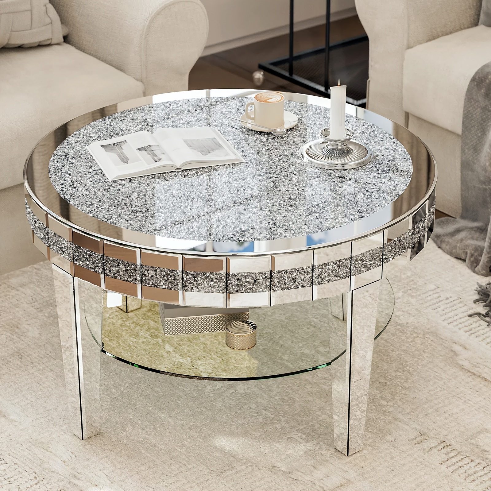 Round mirrored coffee table with double-layer diamond accents, 31.5inch silver round kitchen table, luxurious and shiny coffee table for living room/office/bedroom, Black Friday special offer