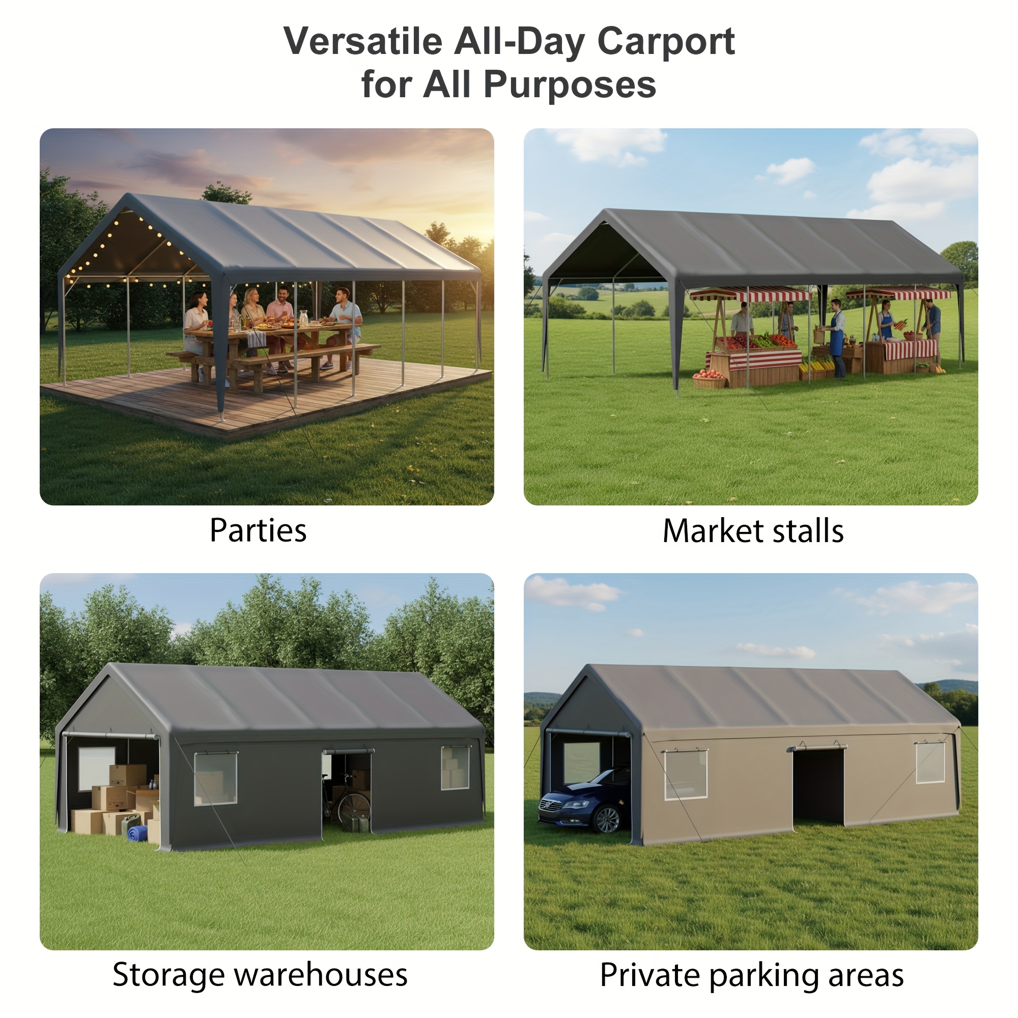 13x26 ft carport, heavy-duty portable garage, all-season car canopy, UV-resistant waterproof tarp, with removable side walls and door.