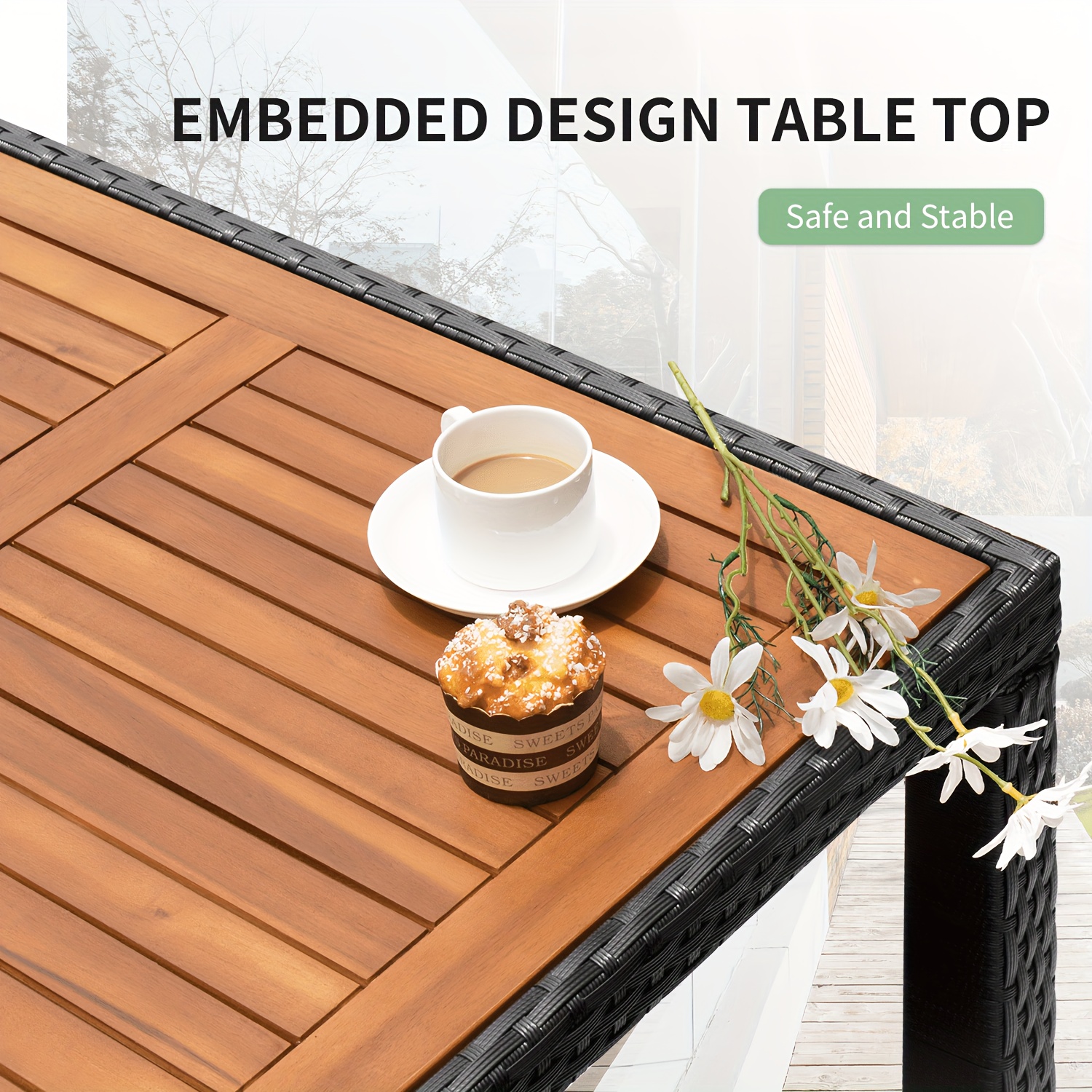 Patio furniture series, including a PE rattan chair and dining table set, with a table top made of Saka wood, and chairs featuring curved wooden armrests and cushions