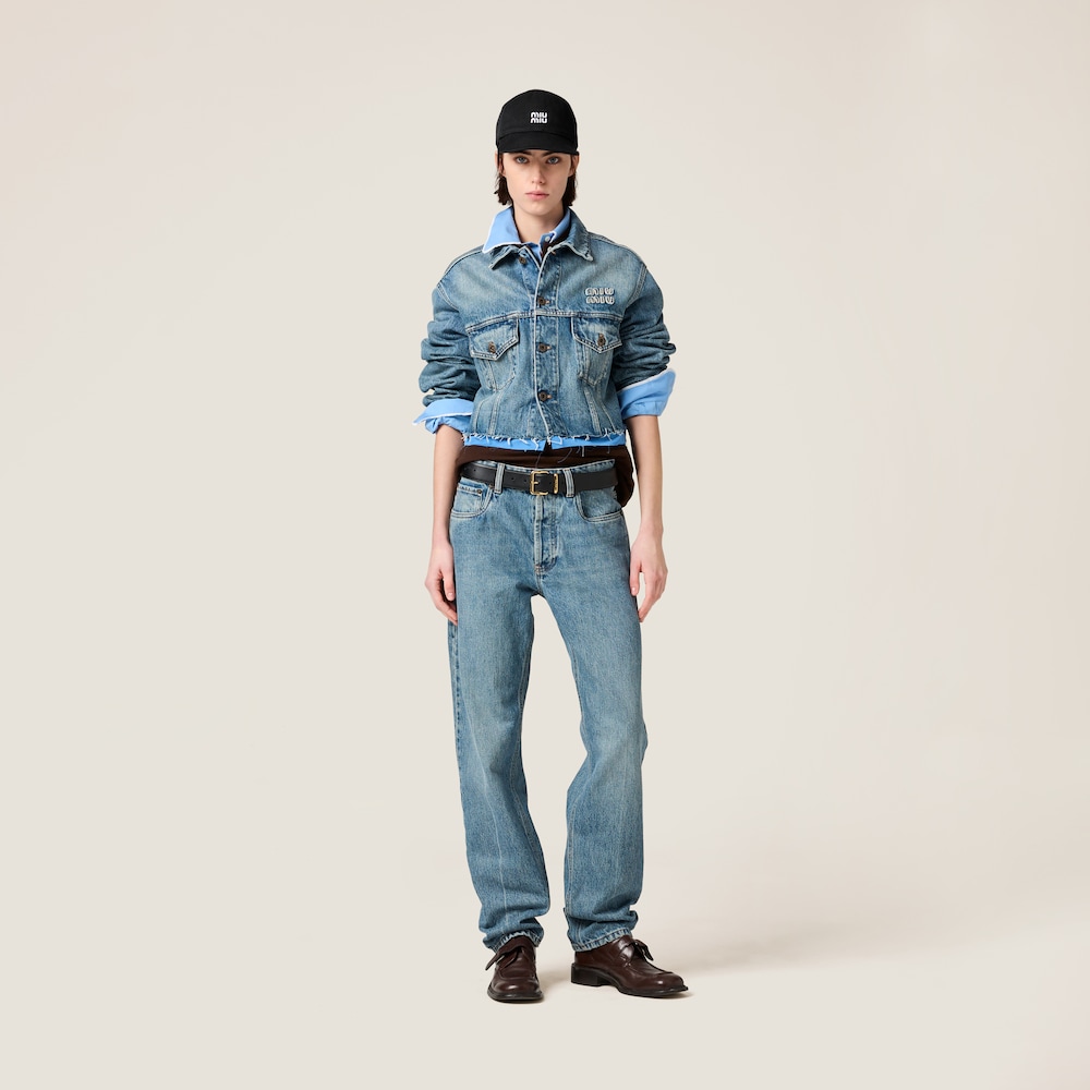 Denim and poplin five-pocket jeans