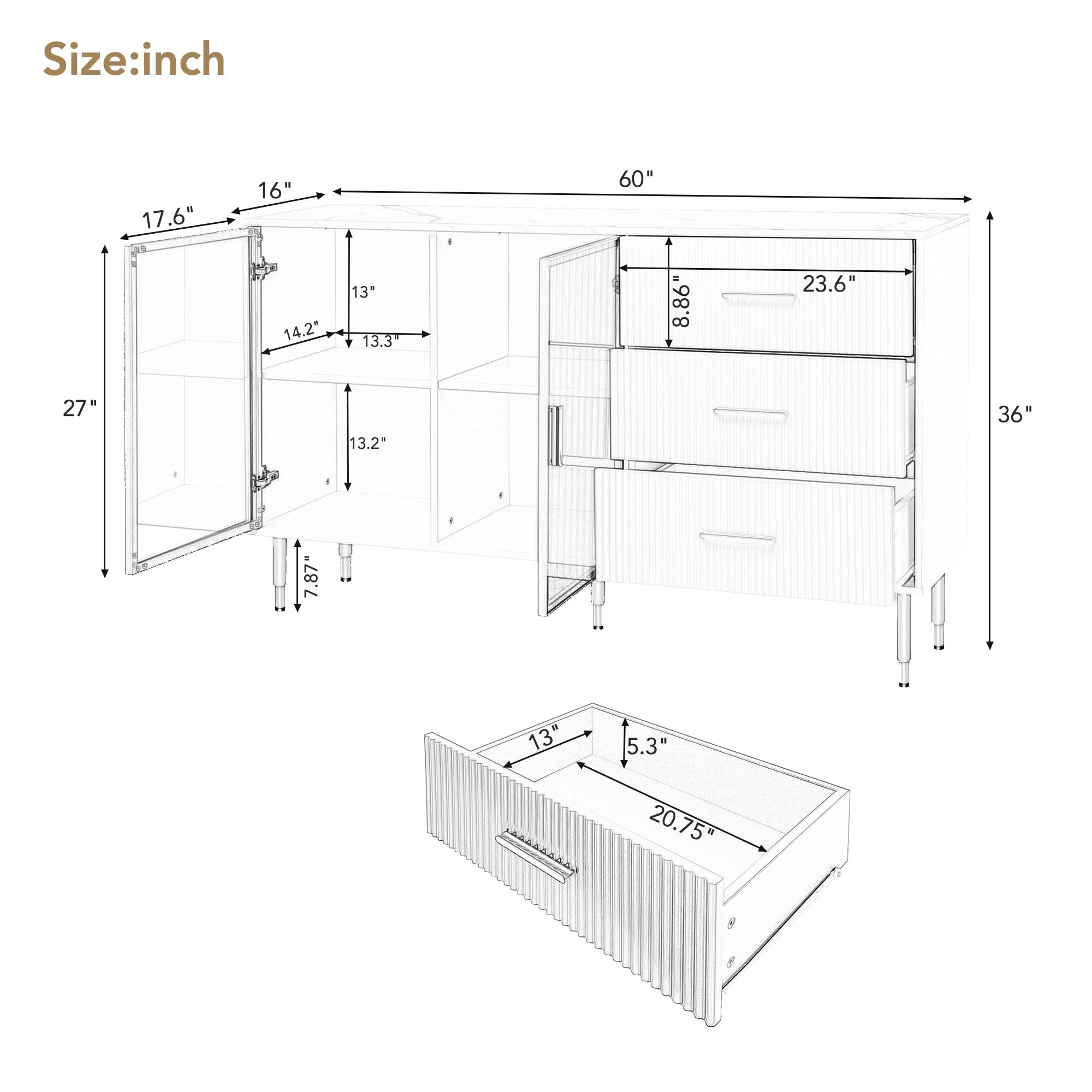Modern Sideboard Cabinet Accent Buffet Storage Glass Doors Sideboard Cabinet Marble Top