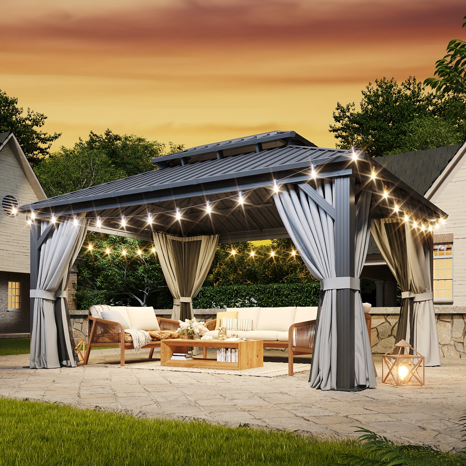 Sonegra 12' X 20'/12' X 16'/12' X 10' Hardtop Gazebo, Double Galvanized Steel Roof - Aluminum Frame Outdoor Gazebo with Mosquito Net and Curtains, Suitable for Patio, Yard, and Deck (Free Shipping)