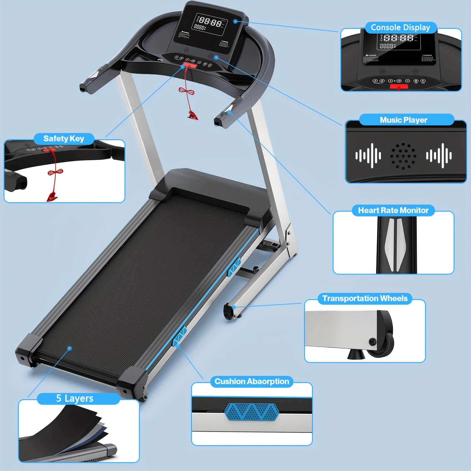 Folding treadmill with 15% automatic incline, 4.0HP home treadmill, maximum speed 0.6-8.7 MPH, 400 lbs weight capacity, digital display, suitable for walking, running, and indoor fitness workouts, comes with lubricant, battery not included