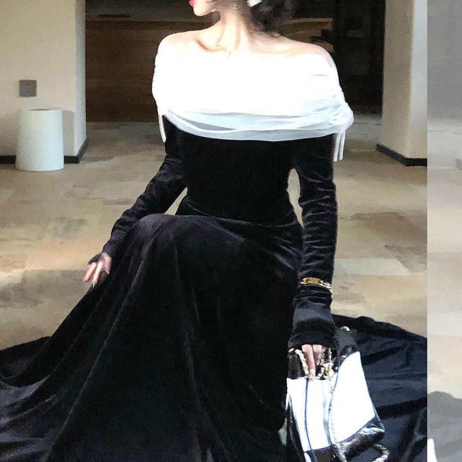 Classic Black Off-Shoulder Velvet Maxi Gown