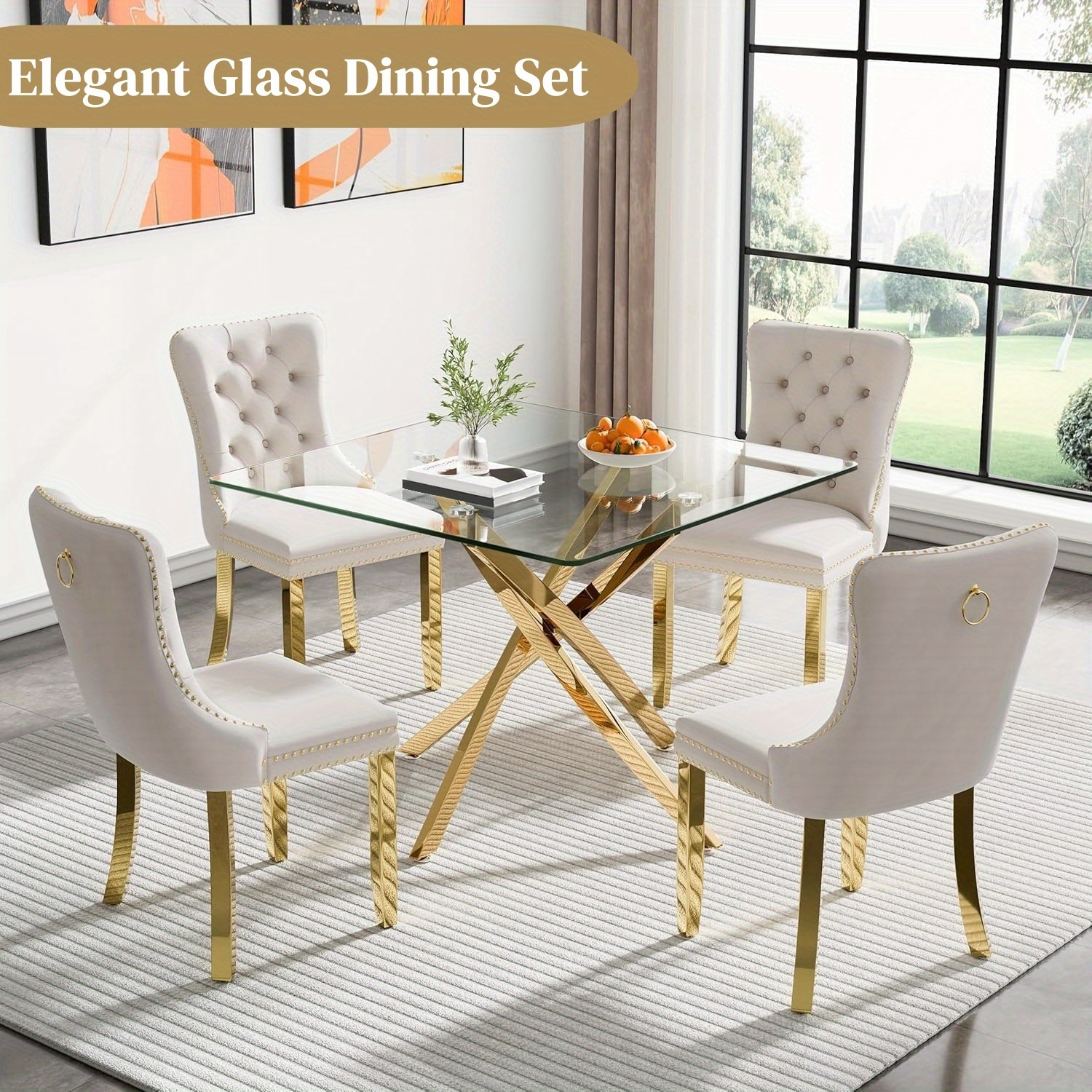 3/5-piece glass dining table set, 36inch square dining table and 4 chairs, modern kitchen dining table set, comes with 4/2 velvet chairs, suitable for dining rooms, small spaces, offices (stainless steel table and chair legs)