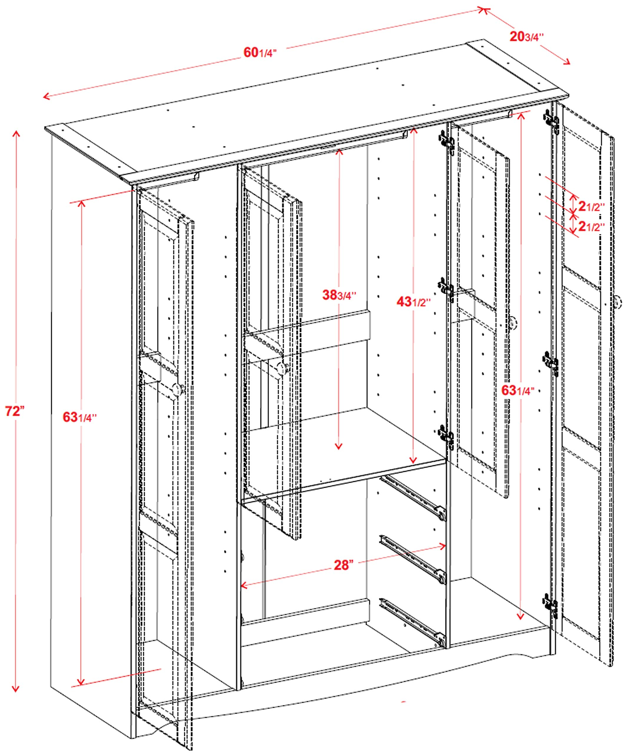 100% Solid Wood Family Wardrobe/Armoire/Closet, 60