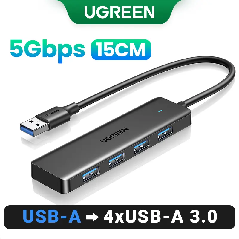 UGREEN 4-Port USB 3.0 Hub, 5Gbps Ultra Slim USB-A Splitter Adapter with 15cm Cable for PC, PS5, Xbox, Keyboard, Mouse & Flash Drive