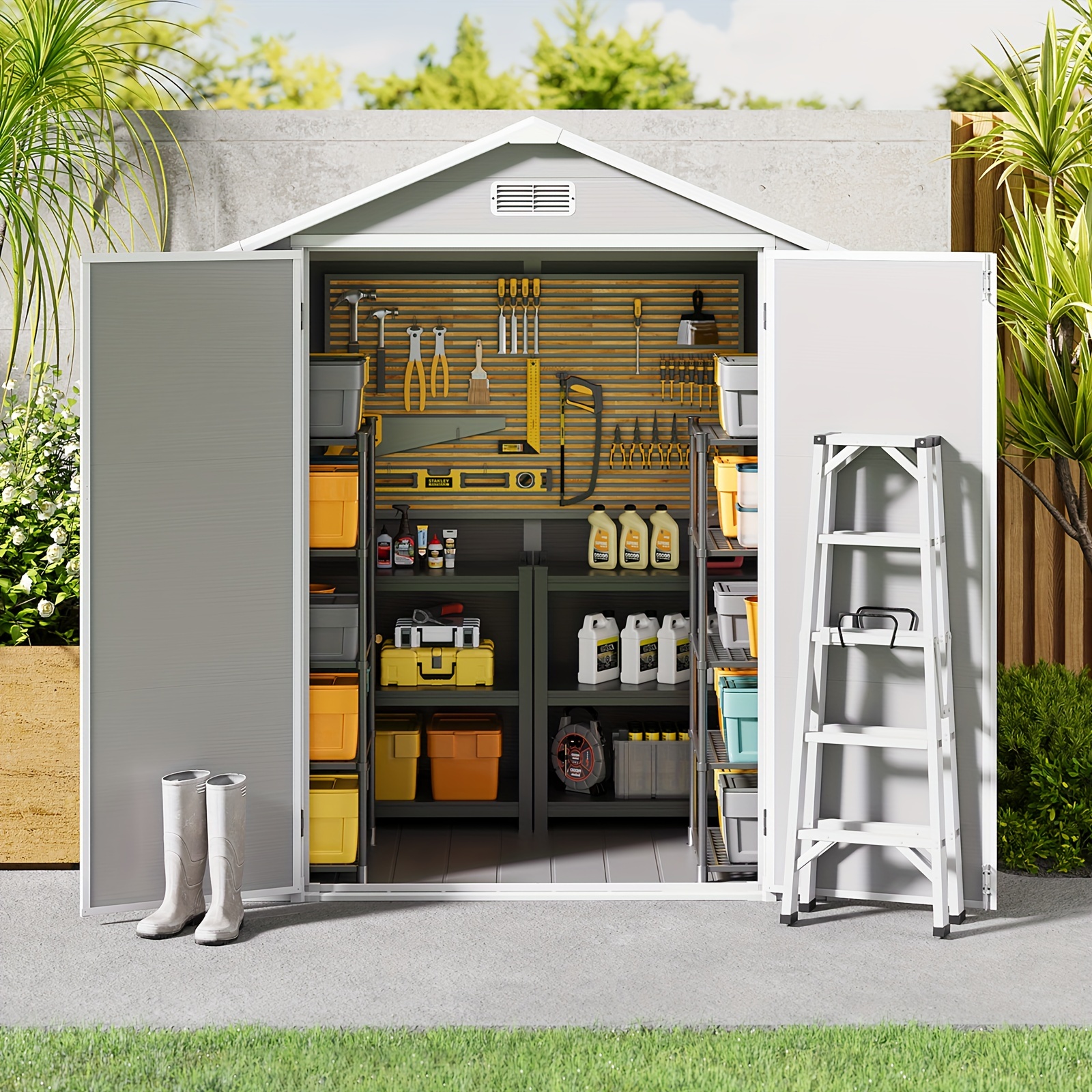 6 feet wide x 4 feet deep resin plastic storage shed with flooring (assembly video available).