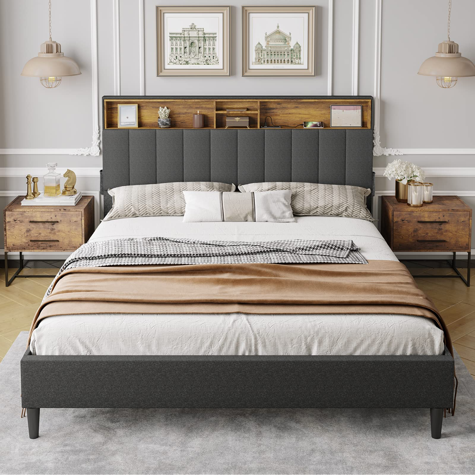Queen Bed Frame with USB Ports and Outlets, Upholstered Platform Bed with Storage Headboard