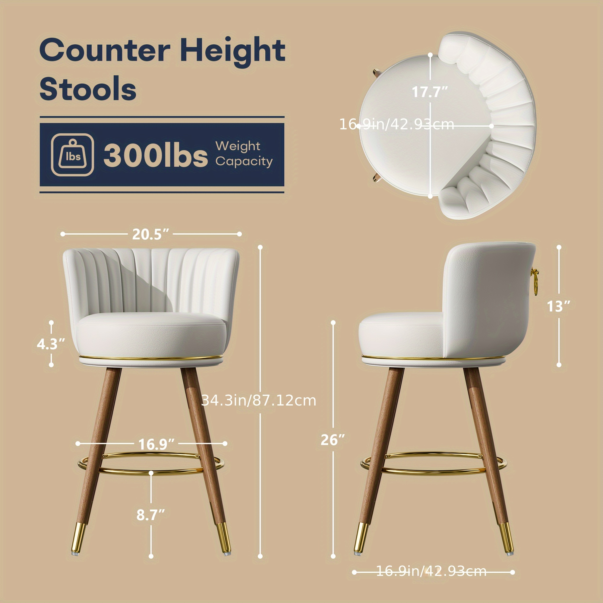 Junius 4-piece set of swivel bar stools, 26inch high stools with backrest, 360-degree rotating wooden leg bar chairs, white cushioned kitchen island stools, weight capacity 300 pounds