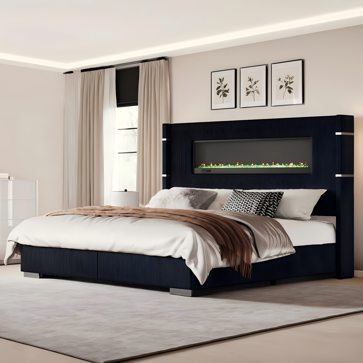 Modern wingback bed frame with integrated fireplace, 60.4inch high quilted corduroy headboard, wooden bed panel design