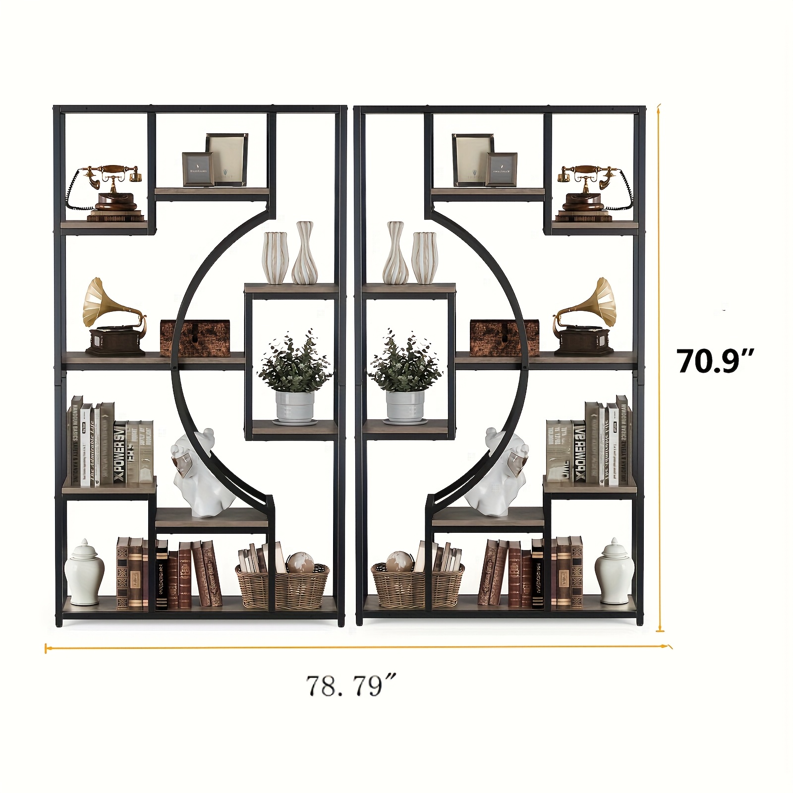 8-tier bookshelf, industrial style bookcase with 18 storage shelves, suitable for living room/bedroom/home office, book and movie organizer, gray, dimensions 78.79inch width x 11.79inch depth x 70.9inch height