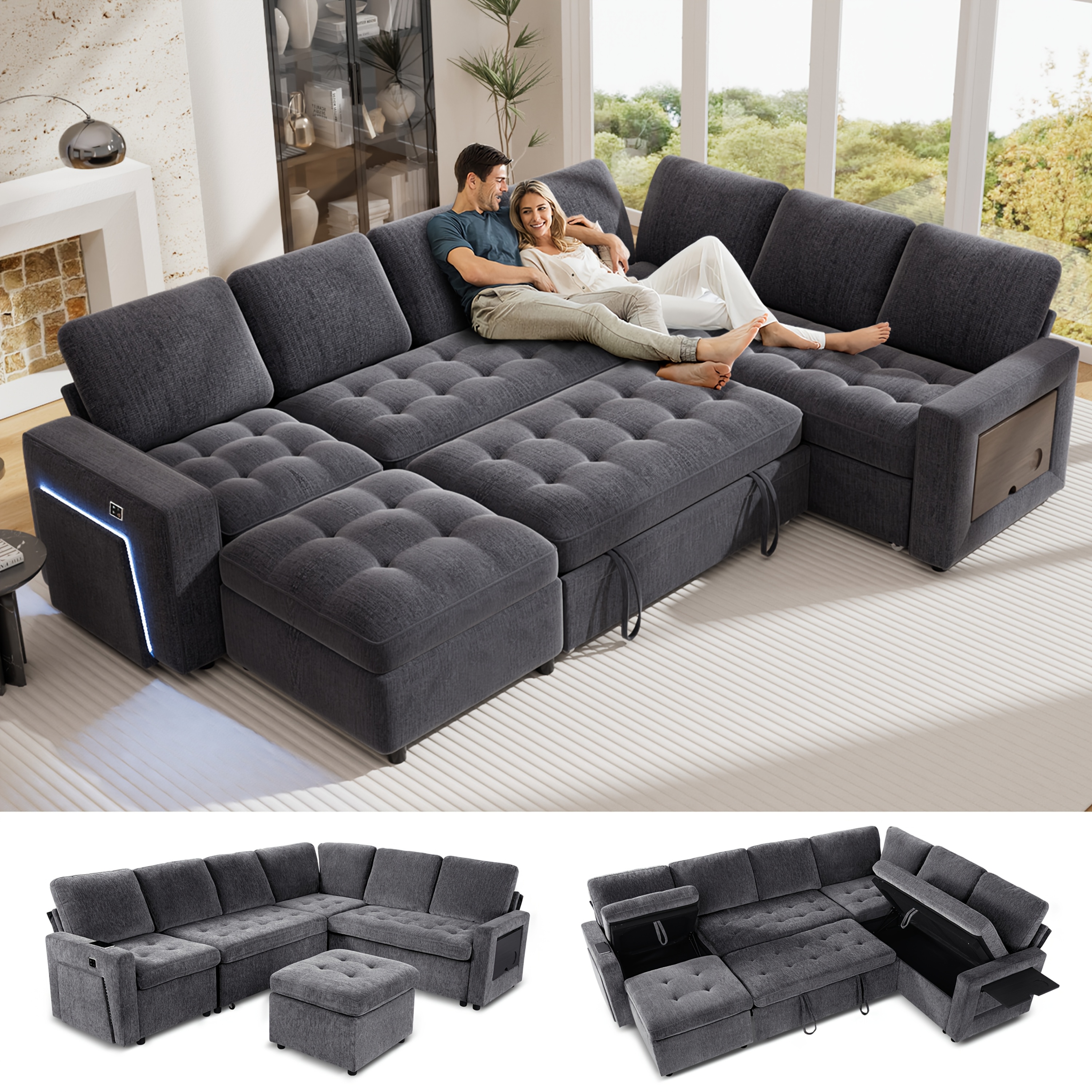 MUUEGM 7-seater modular sofa bed, with pull-out bed, reclining backrest, USB port, table, LED lights and storage seats, tool-free assembly, white