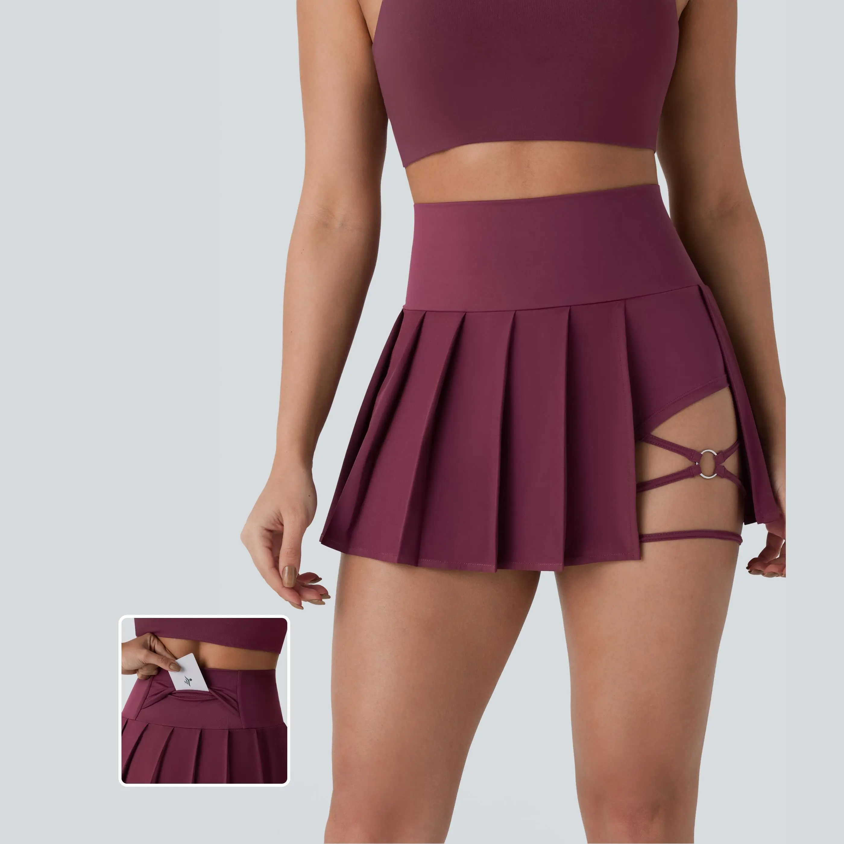 High Waisted Pleated 2-in-1 Side & Pocket Asymmetric Hem Quick Dry Mini Dance Skirt