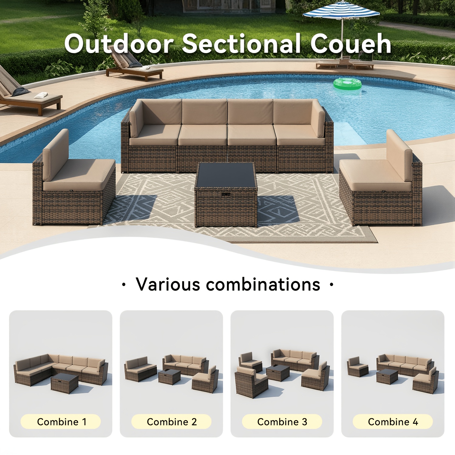 7/8/12/15-piece outdoor patio furniture set, wicker woven sectional sofa with thick cushions, coffee table and waterproof cover, beige