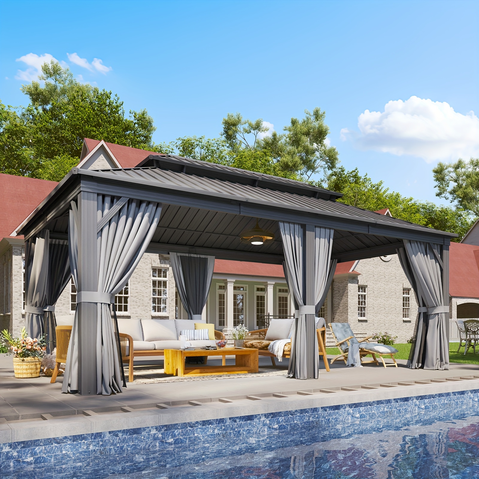 Sonegra 12' X 20'/12' X 16'/12' X 10' Hardtop Gazebo, Double Galvanized Steel Roof - Aluminum Frame Outdoor Gazebo with Mosquito Net and Curtains, Suitable for Patio, Yard, and Deck (Free Shipping)