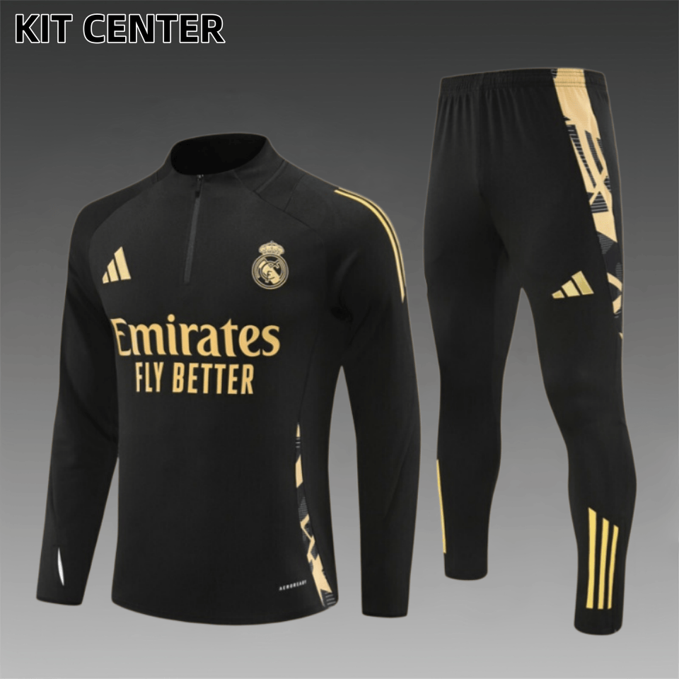 24/25 Real Madrid black gold Half Zip Training Kit (Adult Kids Kit)