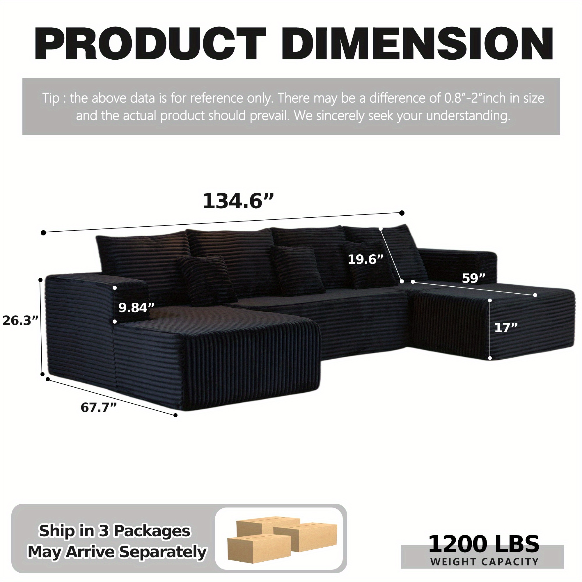 U-shaped cloud sofa for living room use, frameless black cloud sofa requires no assembly, plush corduroy extra-large floor sofa set, with deep-seated lounge chair, suitable for game and entertainment room furniture