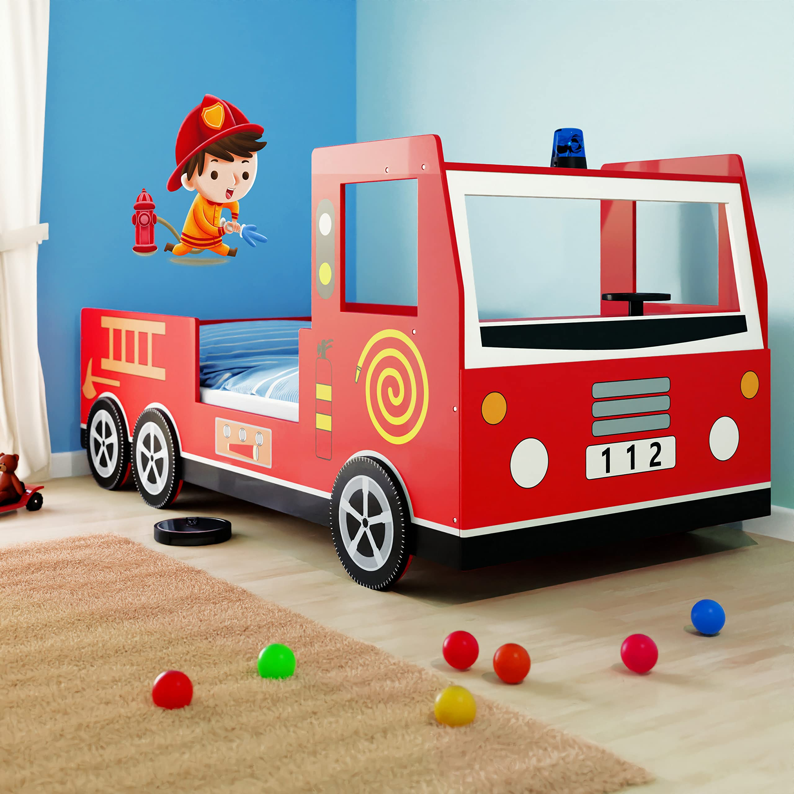 Children's Bed Frame Red Fire Truck Imitation Kids Bed Car Vehicle Bedroom Furniture Toddler's Bed