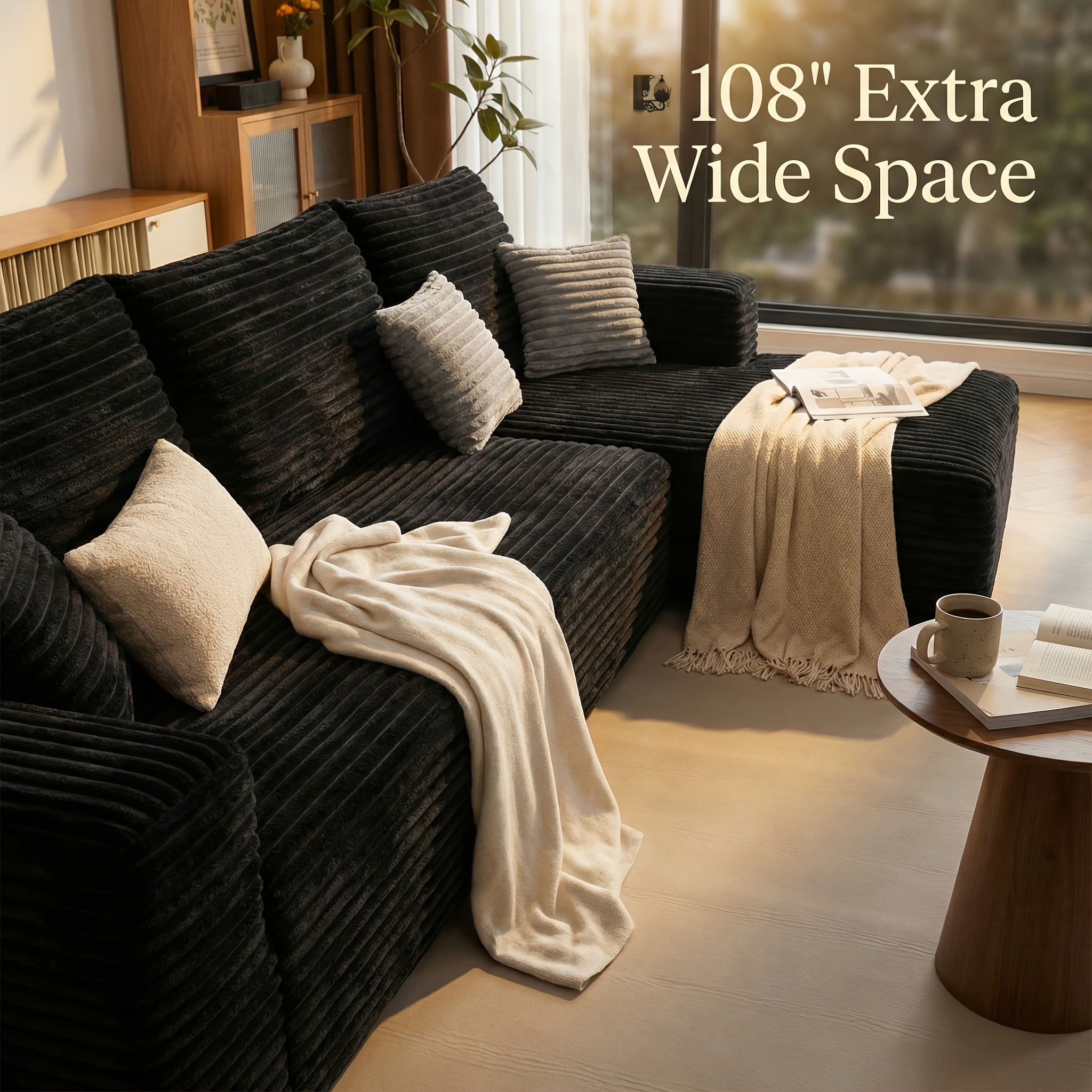 Extra-large L-shaped sofa with recliner| Liaroo minimalist compressed frameless, no assembly required, modular cloud sofa, right-side recliner, plush corduroy fabric, cushion back, living room decoration and expansion [free shipping]