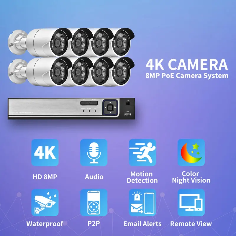 Gadinan 4/8CH 4K POE Ultra FHD Full Color Video Surveillance System 8MP H.265 NVR Audio IP Outdoor Security CCTV Cameras Kit Set