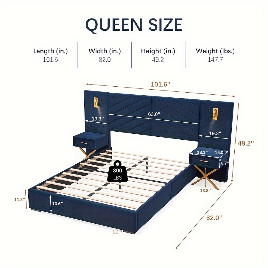 Luxurious double/queen-size bed frame with built-in LED lights and nightstand, double/queen-size platform bed with extra-large upholstered headboard, no mattress support required