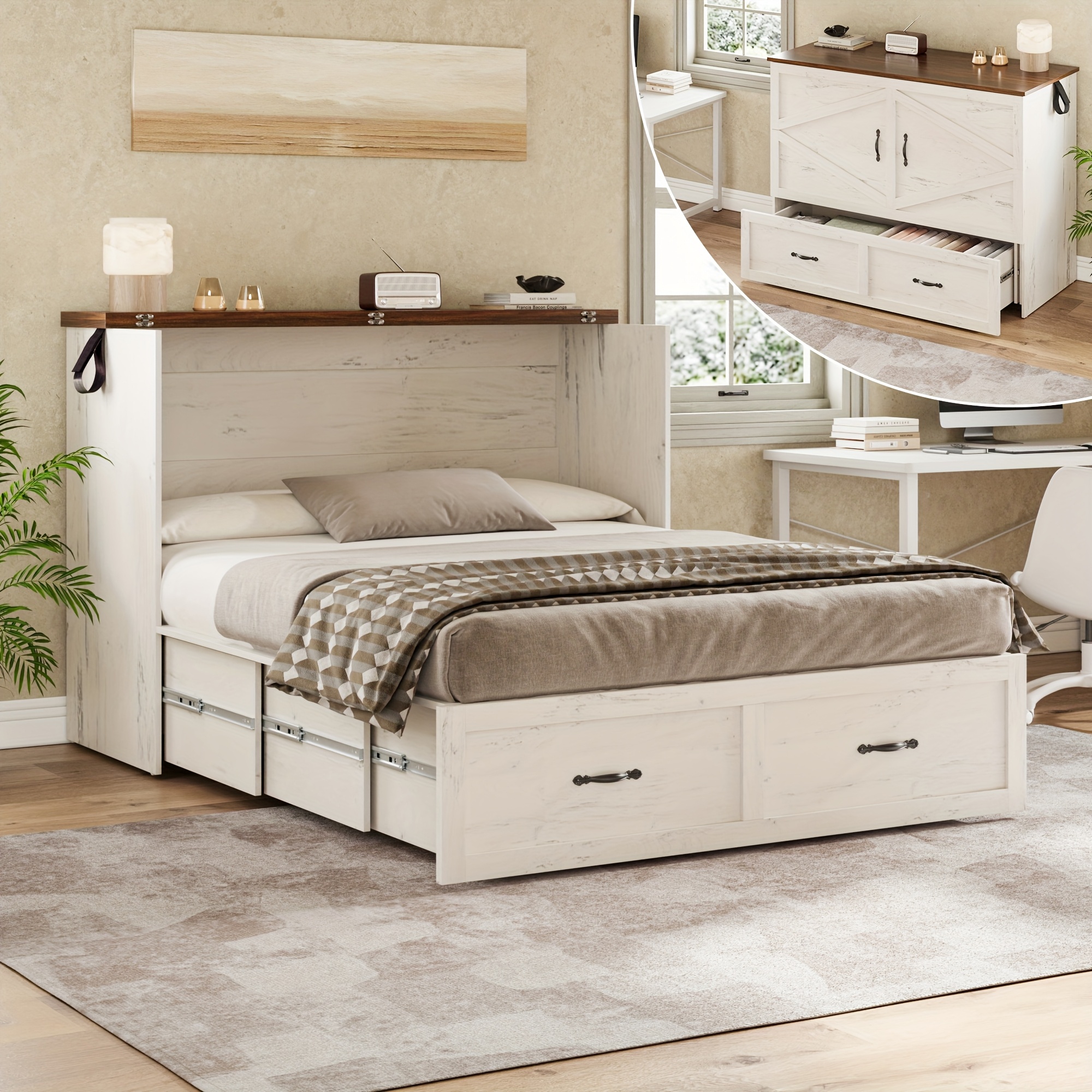 Full-size storage wall bed, farmhouse-style wall bed cabinet with extra-large storage drawers, silent design, foldable platform bed suitable for guest rooms, home offices, and small spaces, distressed white version