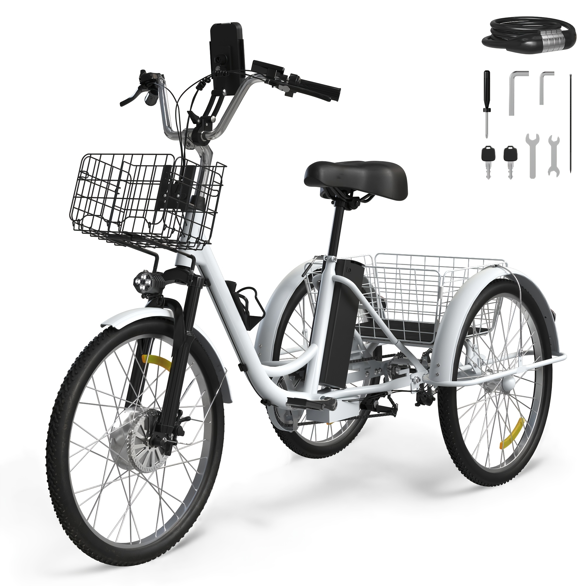 Adult Electric Tricycle, 350W 36V White Electric Tricycle, 7-Speed Adult Electric Tricycle with Large Capacity Basket
