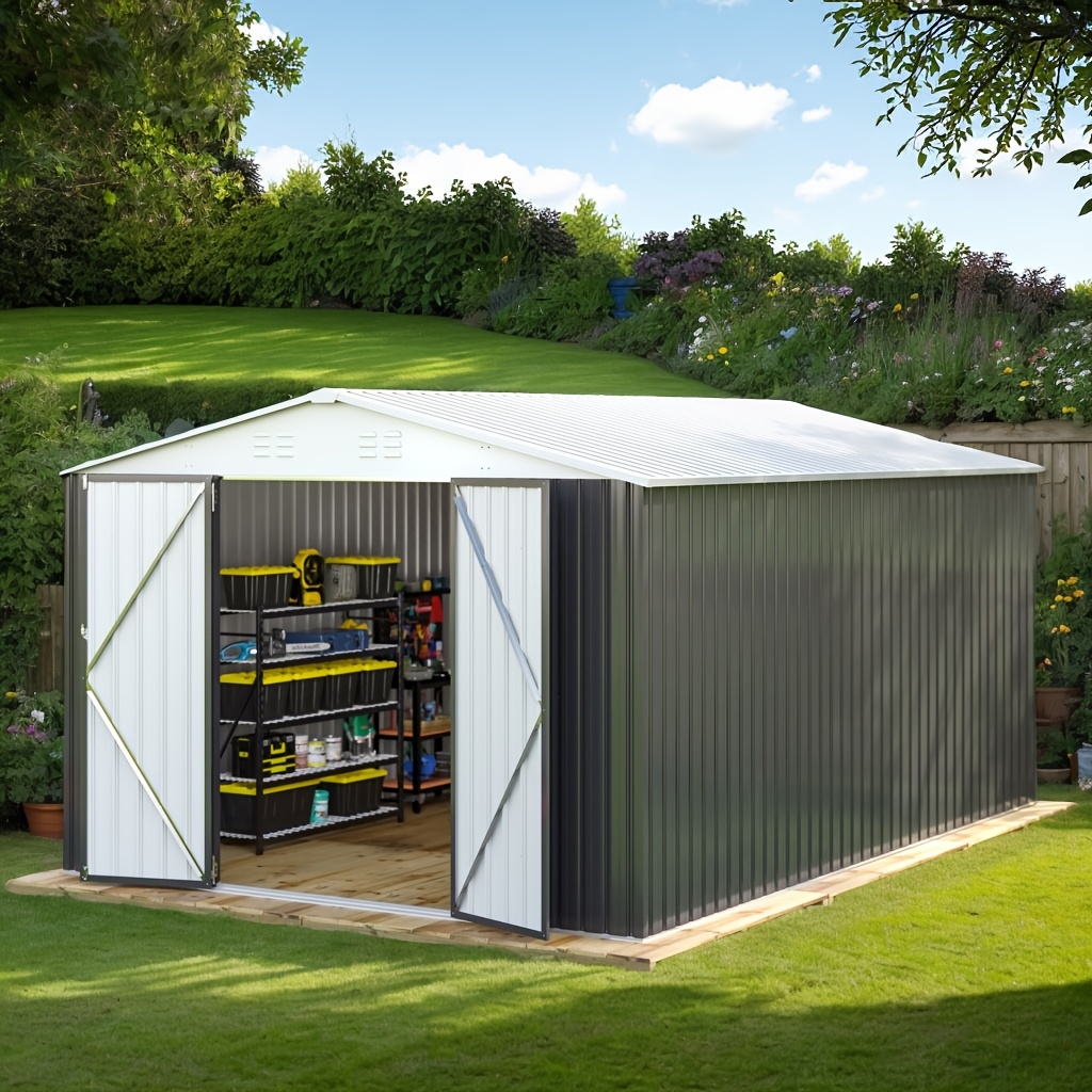 Outdoor storage shed, measuring 10 feet x 14 feet, made of metal, with a modern frame design, is perfect for your backyard, garden, patio, or lawn, and features a stylish white roof.