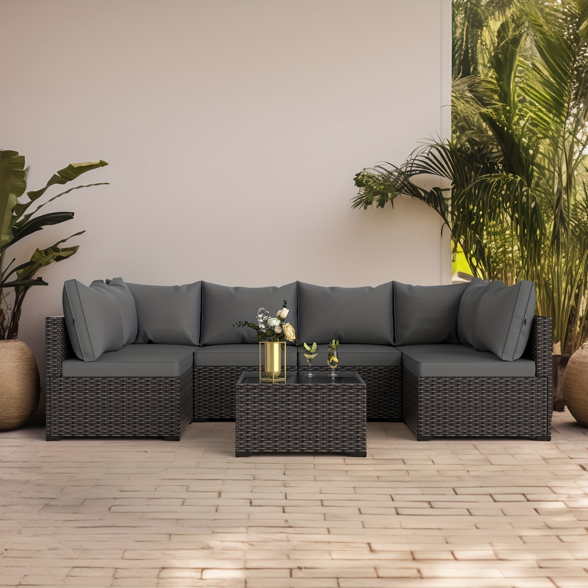 Outdoor furniture set, 7-piece PE rattan sofa with glass table, washable cushions suitable for all weather conditions
