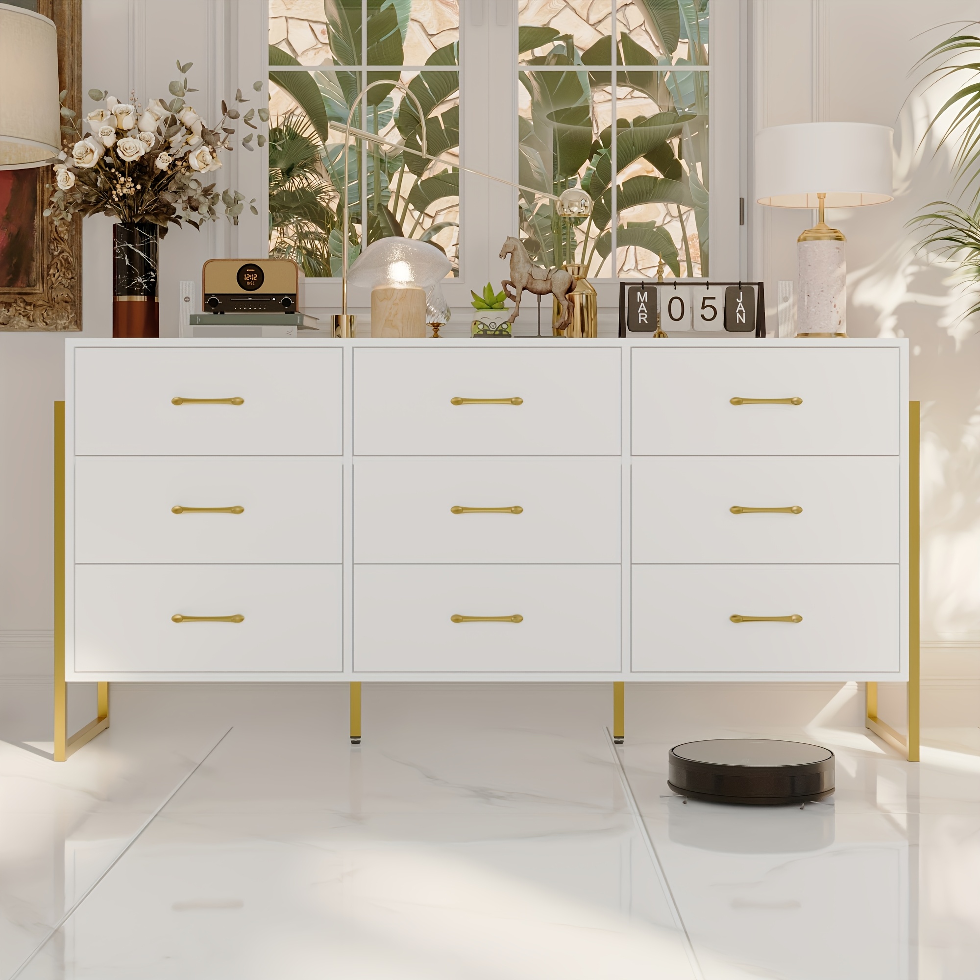 9-drawer storage cabinet, metal frame and leg design, modern wooden nightstand, suitable for bedroom and living room, stylish design, large storage capacity
