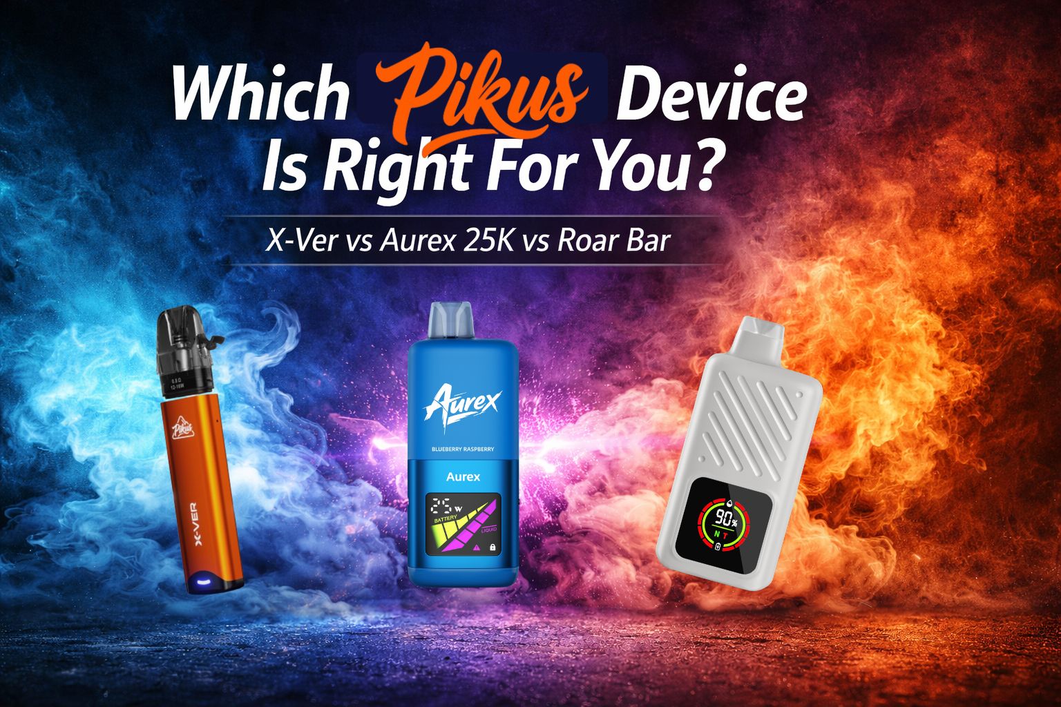 PIKUS X-Ver pod system, Aurex 25K disposable vape, and Roar Bar comparison banner showing different vape device types in 2026