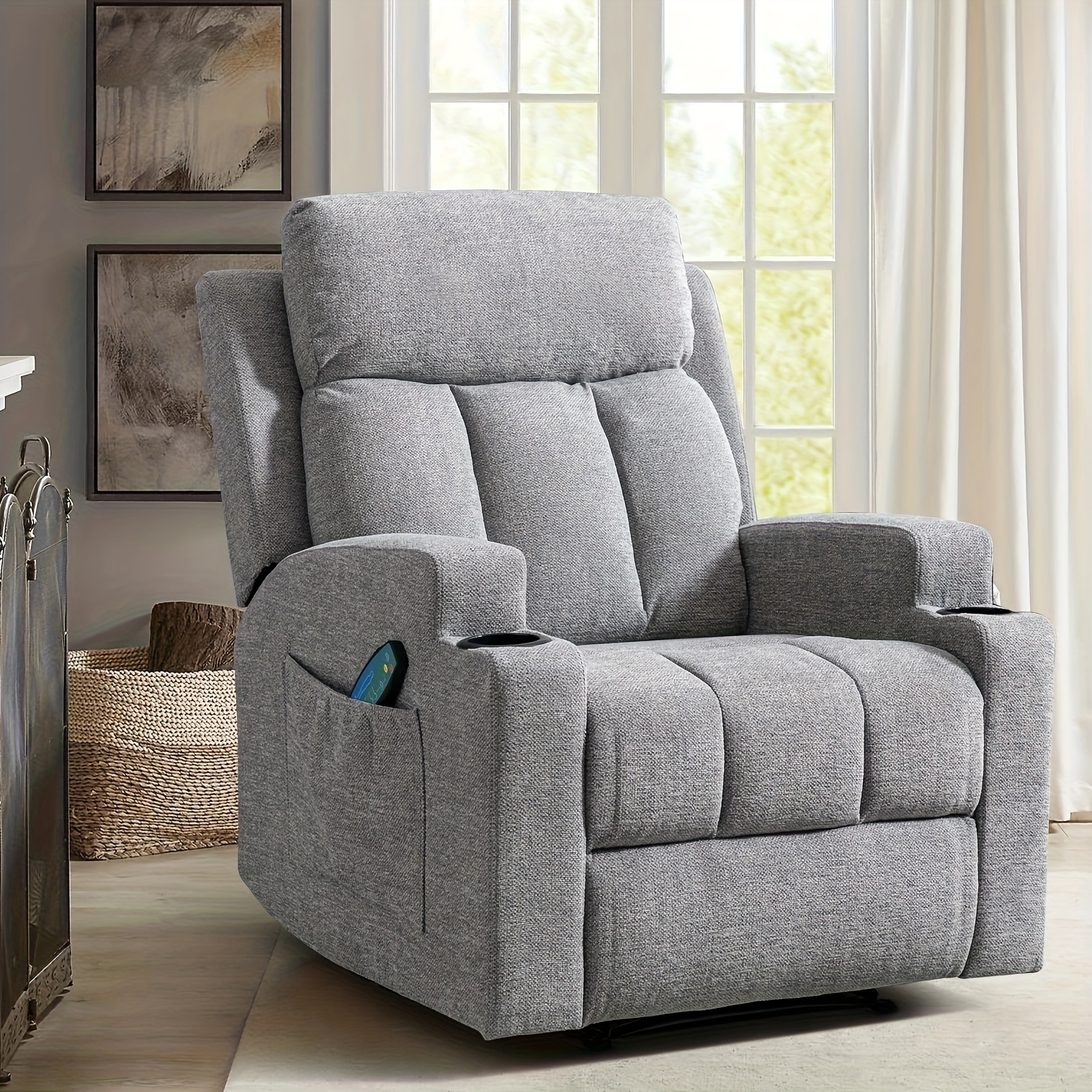 Modern Manual Massage Recliner with Heating Function - Ultra-Breathable Fabric Single Seat Sofa Lounge Chair with Side Pocket and Cup Holder