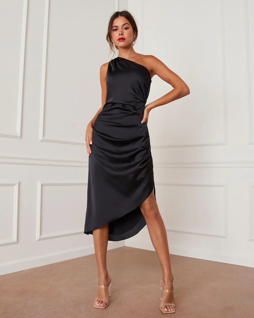 Bellamy One Shoulder Satin Slit Midi Dress