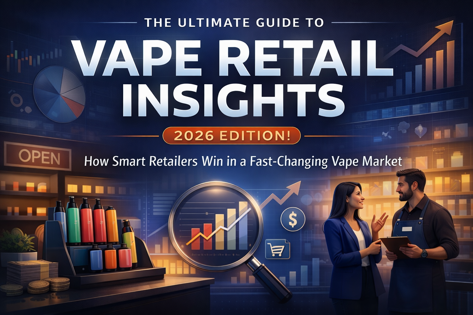 Vape retail insights 2026 banner showing vape shop display, market growth charts and strategy concept for retailers