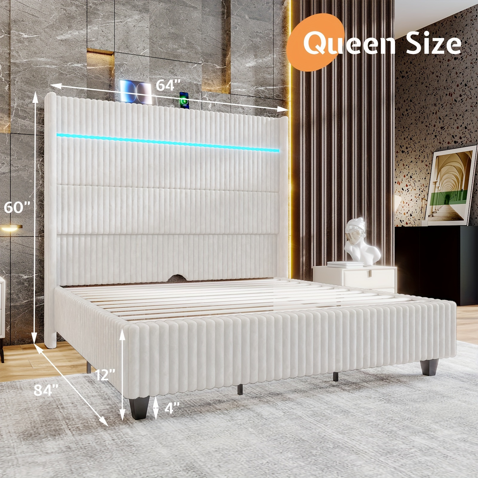 LUXOAK Queen/King Size LED Bedside Lamp Bed Frame| 60