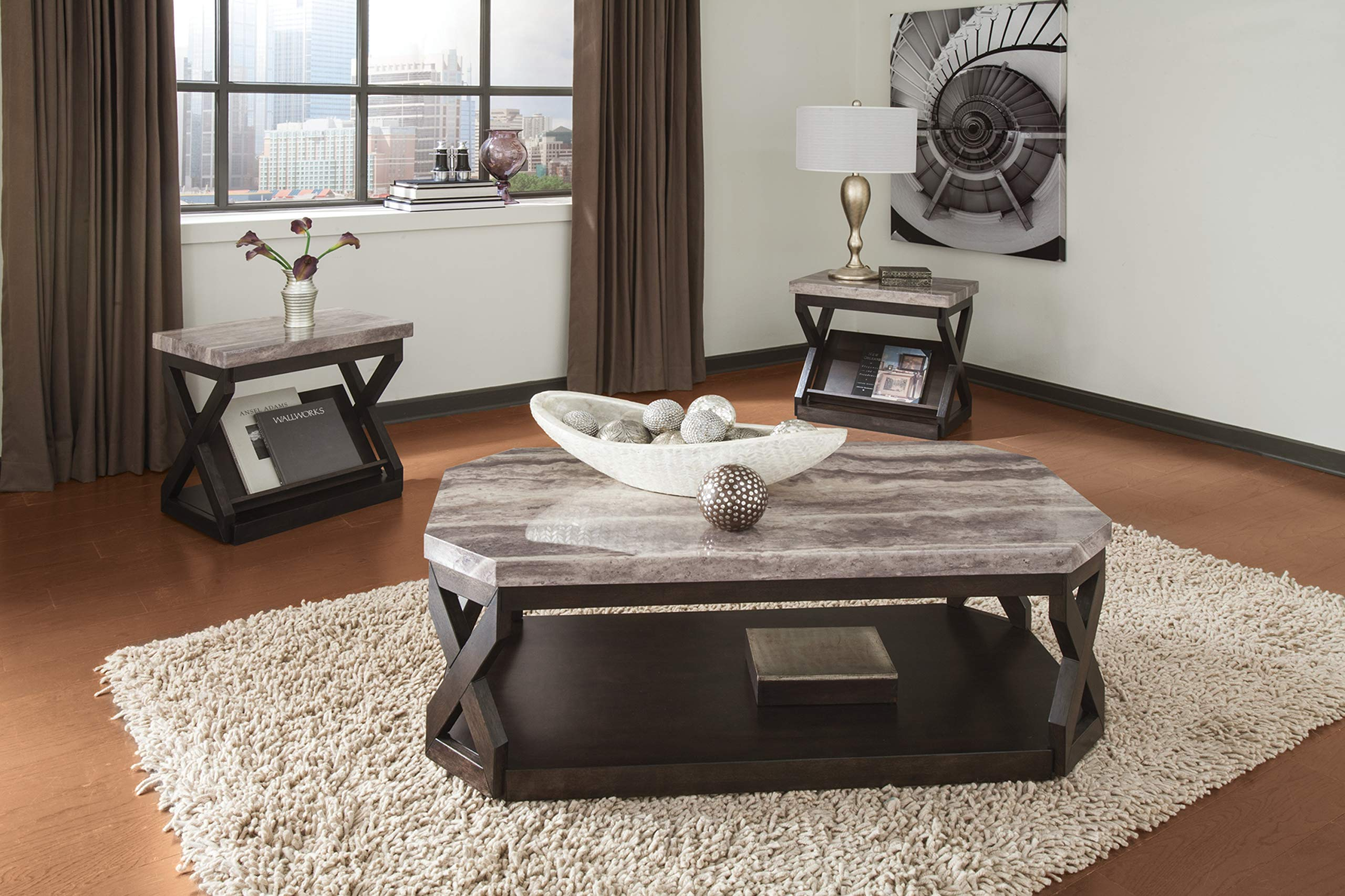 Faux Marble 3-Piece Table Set, Includes Coffee Table & 2 End Tables, Gray & Brown