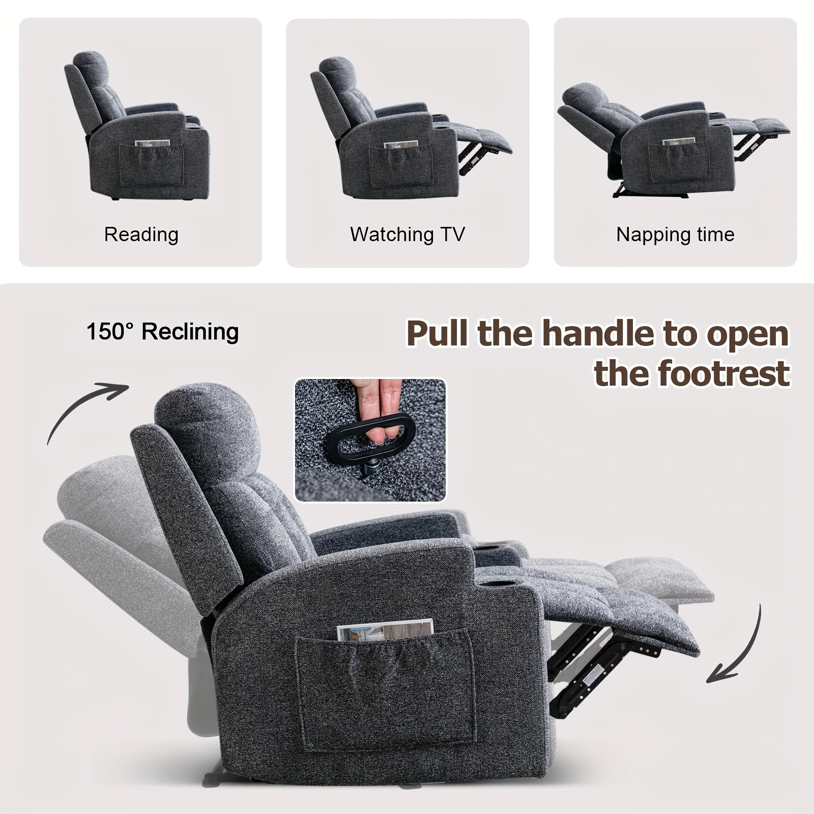 Modern Manual Massage Recliner with Heating Function - Ultra-Breathable Fabric Single Seat Sofa Lounge Chair with Side Pocket and Cup Holder