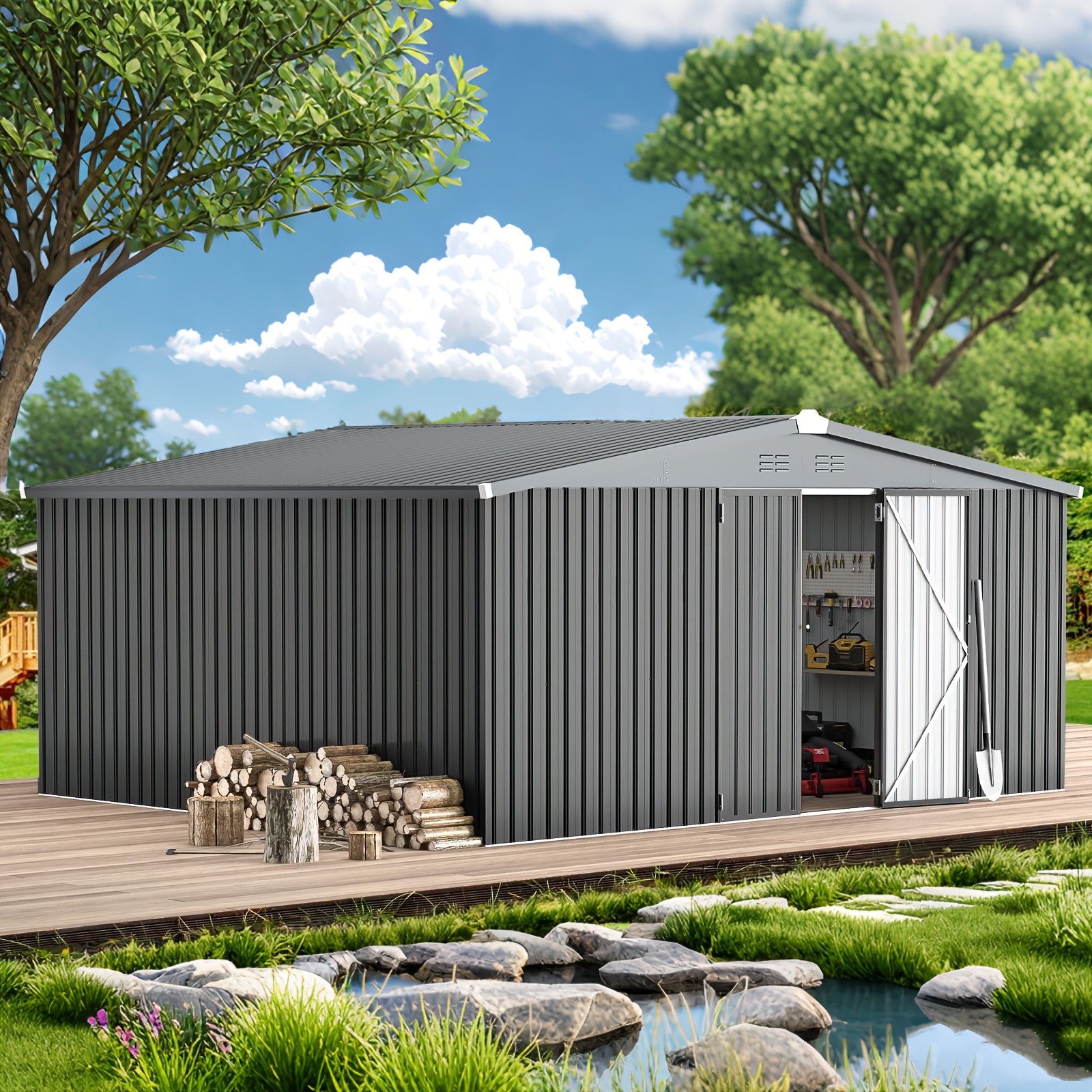 Multi-color 14ft x 12ft storage cabinet, outdoor metal storage box with lockable door, large steel garden storage cabinet, practical storage box for garden, patio, and outdoor use, dark gray