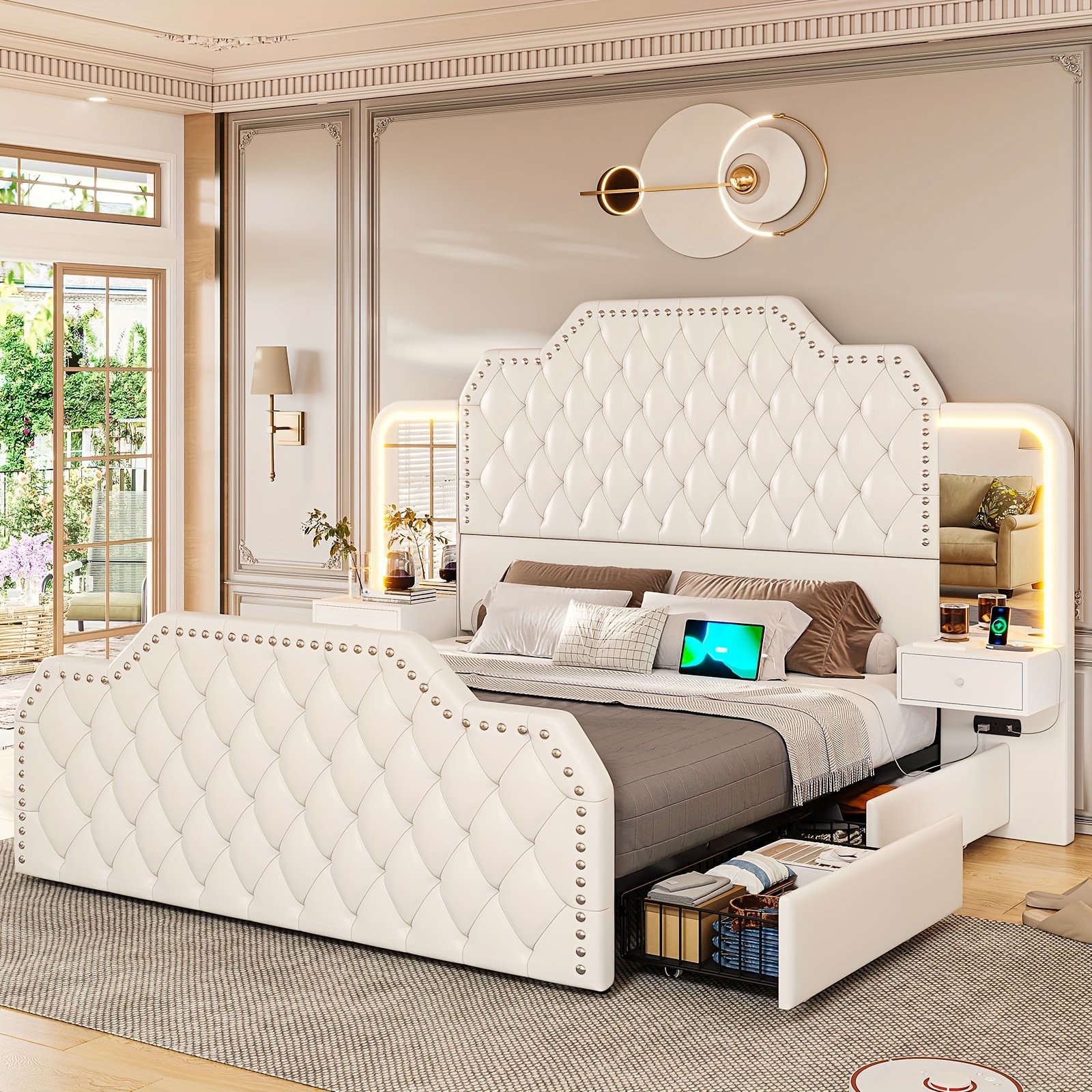 Queen size bed frame with 4 storage drawers and LED lights, modern 53inch high platform bed frame (white)