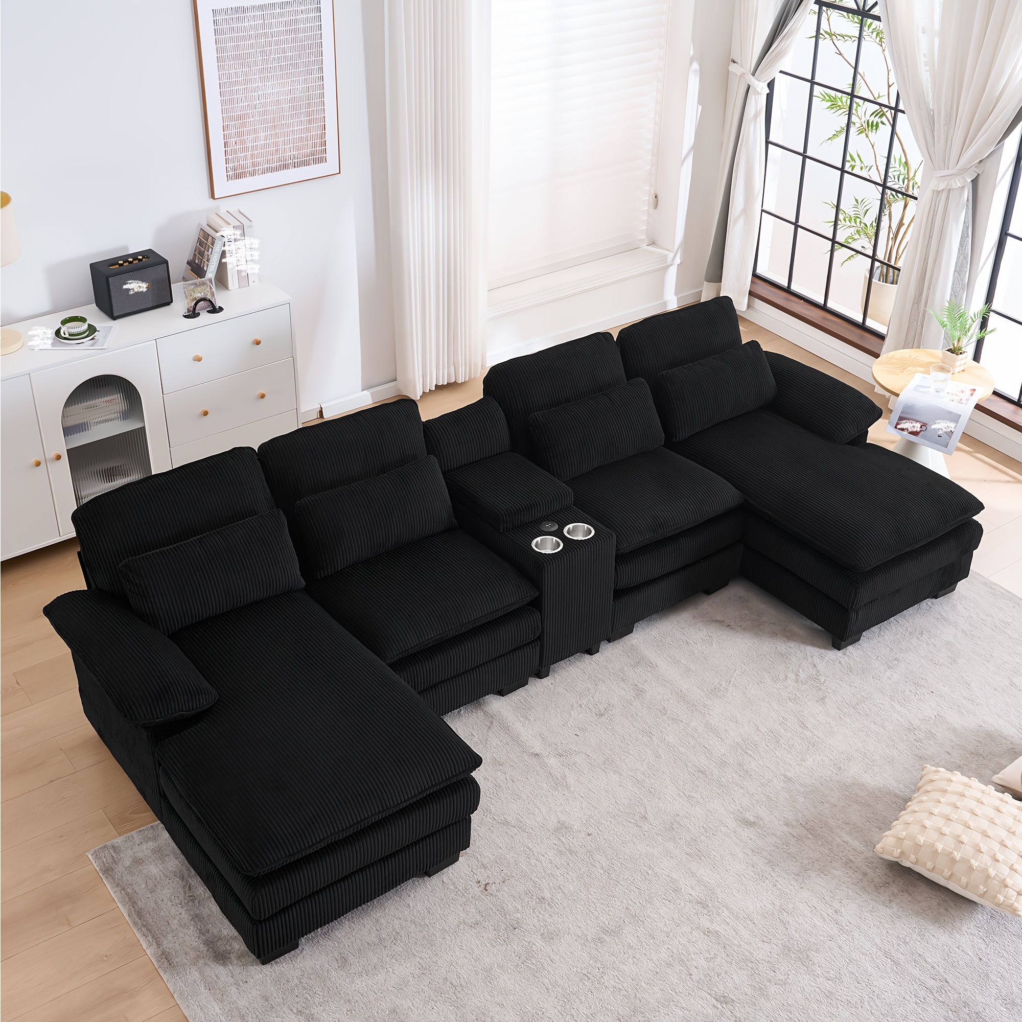 Living room comfortable modular sofa, U-shaped cloud sofa, modern corduroy modular sofa with recliner and console cup holder