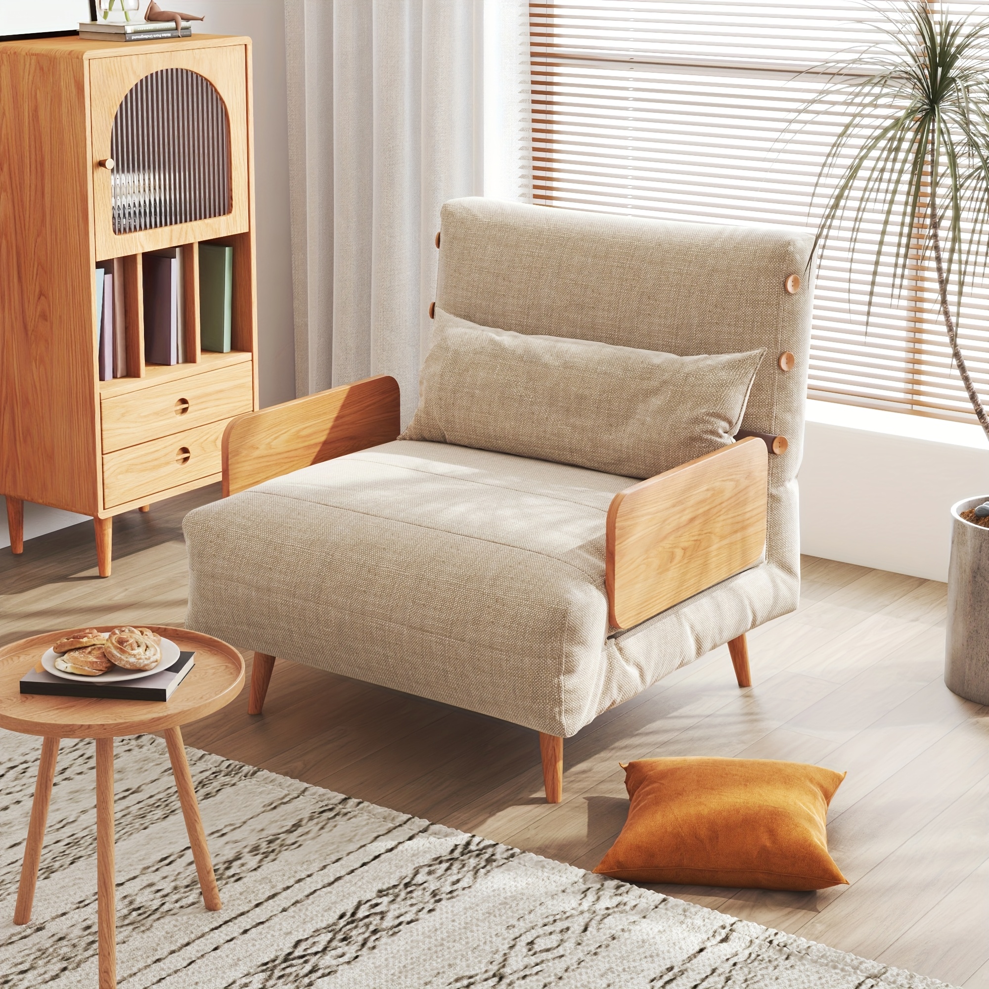 1 piece of off-white cotton-linen single sofa bed, foldable and dual-purpose, multifunctional Japanese-style fabric lazy sofa, foldable bed for naps and lunch breaks