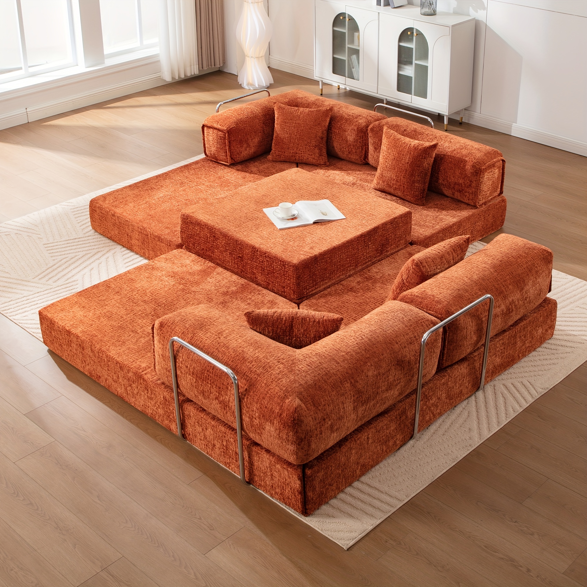 KERDOM Chenille Large Sofa Bed, 170inch Extra-Long Convertible Sofa Bed, suitable for 3-4 people, modular corner sofa, modular sofa with side table, foldable foam leisure floor sofa with cushions