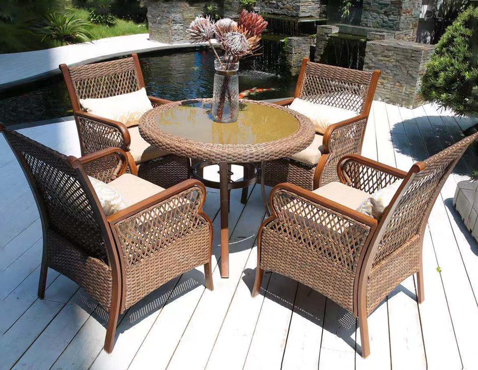 Outdoor Patio Dining Set for 4 Wicker Patio Furniture Sets with Aluminum Frame Round Dining Table