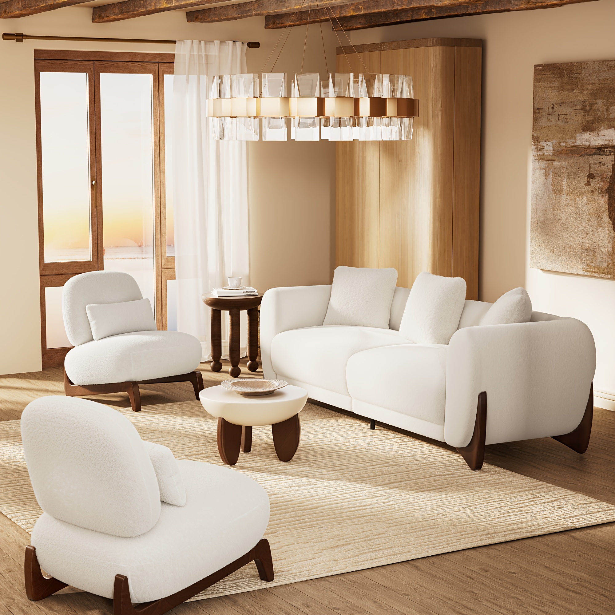 Morden Fort 3-piece cloud sofa set, modern fabric sofa set, crescent-shaped wooden legs, skin-friendly minimalist Upholstery for the living room, comfortable sofa with 3 seats and 2 chairs, beige/green/mixed colors