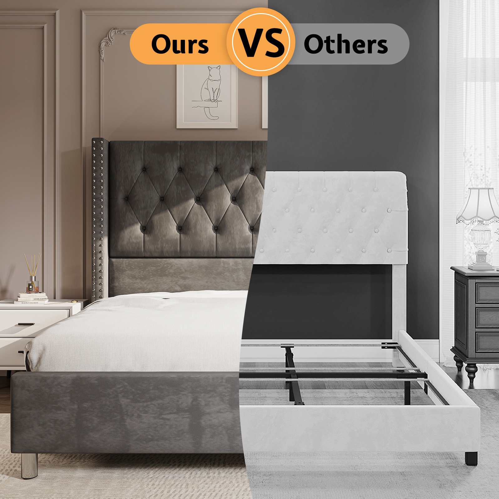 Papajet velvet headboard bed frame, with wing-style headboard, no box mattress required