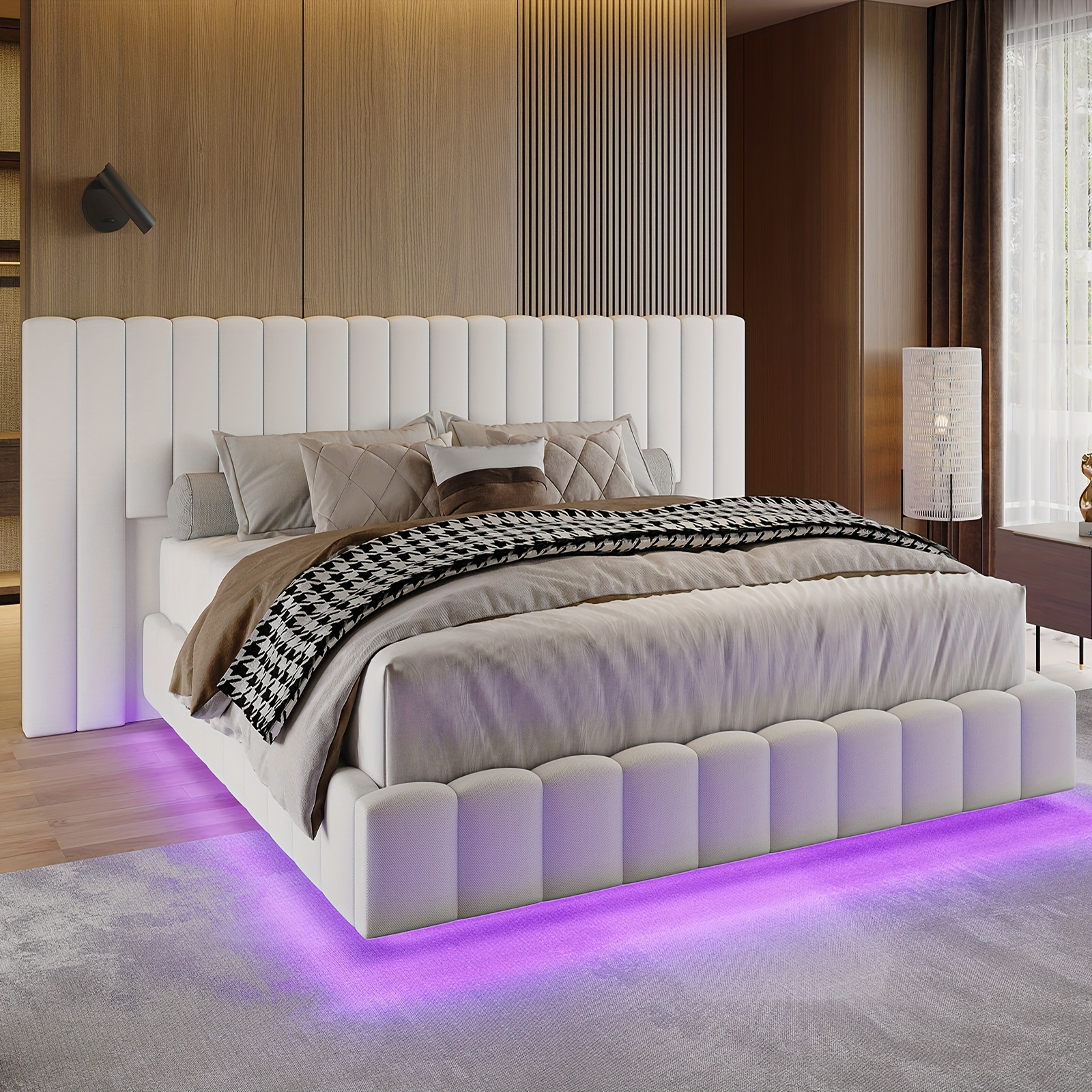 LUXOAK Silk Upholstered Bed Frame, Wide Headboard, Floating Platform, RGB LED Lights, Channel Velvet Design, No Box Spring Required