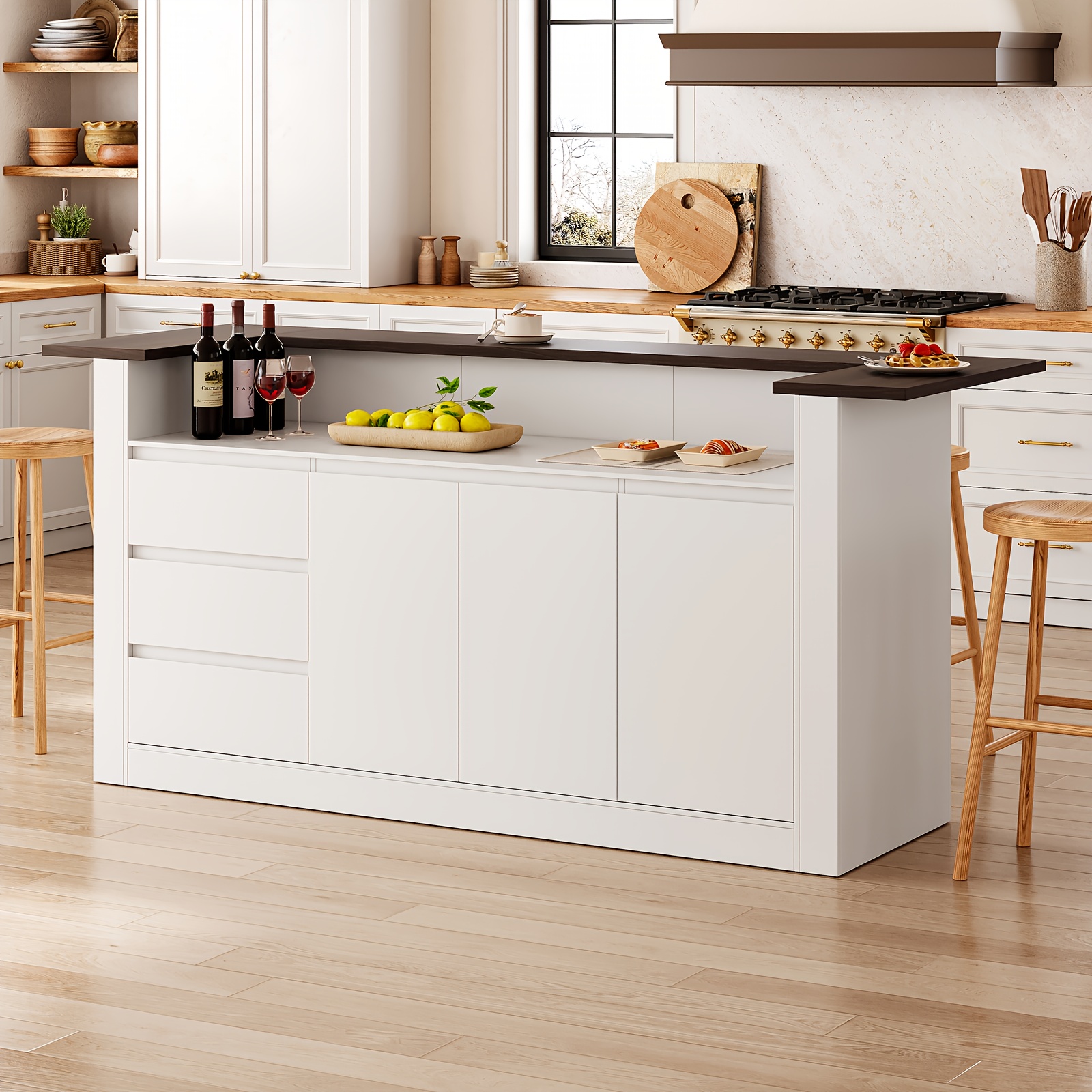 Modern kitchen island with trash bin and storage function - MDF material - Freestanding central island suitable for kitchen, dining room, living room - Closed cabinet storage, spacious countertop, space-saving furniture